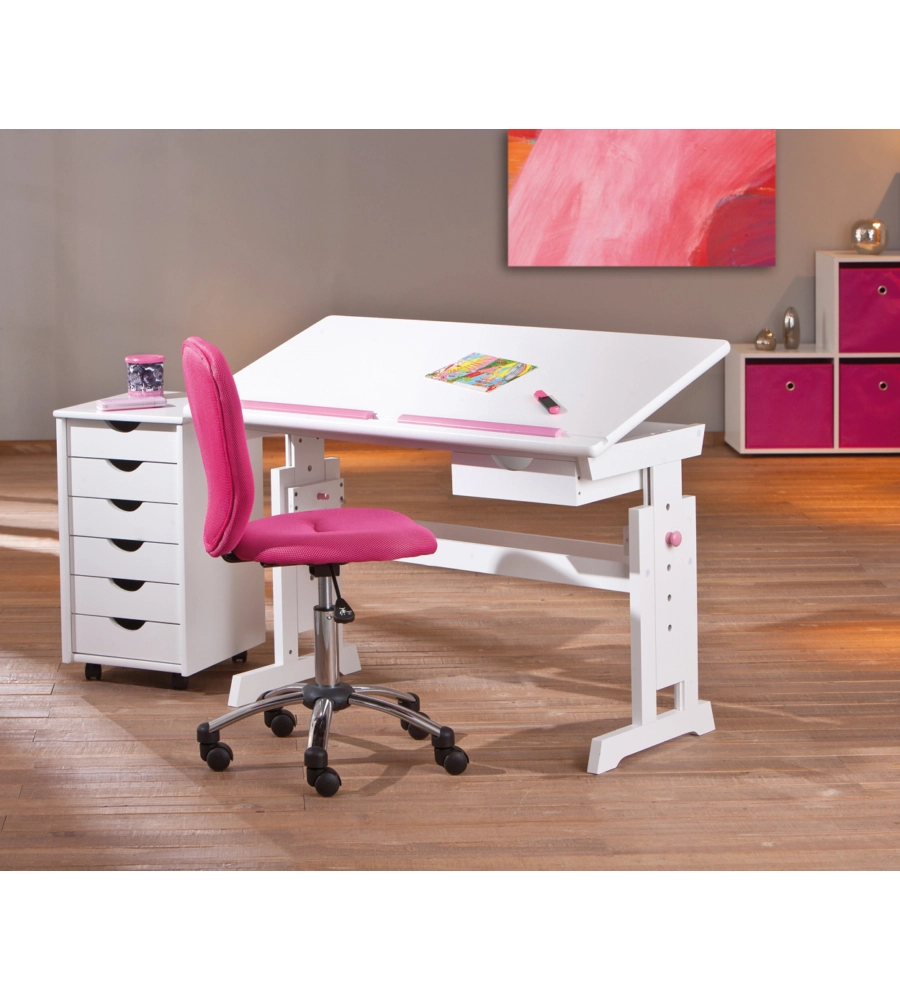 SCRIVANIA IN PINO MASSELLO FINITURA BIANCO ROSA/BLU . PIANO INCLINABILE E STRUTTURA REGOLABILE IN ALTEZZA. DIM. 109X55X64-90H. ARTICOLO IN KIT.